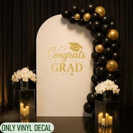 Graduation Party Decorations Congrats Grad Vinyl Backdrop Decal Wall Sticker with Cap Icon, Elegant Gold Event Decor for High School or College Graduation Celebrations ig6643 (XL 45 in X 52 in)