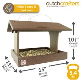 DutchCrafters Plastic Poly Covered Roof Hanging Fly Through Bird Feeder Open Side Platform Seed Tray for Outside Outdoor Garden - Amish American Made in USA (Tudor Brown & Weatherwood)