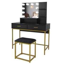 AUTOFOREVER Vanity Desk with Mirror and Lights & Hidden Jewelry Storage Shelves for Bedroom