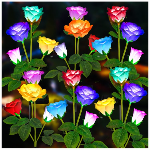 TONULAX Solar Garden Lights - Newest Version Solar Lights Outdoor, 7 Color Changing Rose Lights for Yard,Garden Decoration, Enlarged Solar Panel, More Realistic Rose Flower (6 Pack)