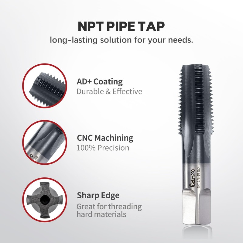 ColumPRO 1/4”-18 NPT Pipe Tap, High-Speed Steel Thread Tap with