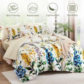 WONGS BEDDING Beige Comforter Set Queen Size 8 Piece Bed in a Bag Colorful Floral Botanical Comforters with Sheets, Soft Microfiber Farmhouse Complete Bedding Set for All Season