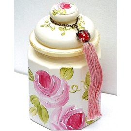 Romantic Shabby Chic Bathroom Accessories Large Ivory Decorative Lidded Glass Jar with Lid Hand Painted Pink Roses and Tassel Pretty Powder Room Bedroom Decor