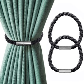 Leeko Magnetic Curtain Tiebacks, Pack of 2 Modern Curtain Holders, Rope Tiebacks for Curtains with Strong Magnet, Curtain Clips, Curtain Holder, Buckles for Home, Office, Curtains Decoration (Black)