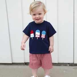 4th Of July Toddler Boy Outfit Popsicle American Flag T-Shirt and Gingham Plaid Shorts Set Independence Day Clothes (Navy Blue, 3-4T)