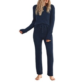 luvamia Women's Casual Solid Color Pajama Sets Long Sleeve Tops And Pants Long Pj Sets Joggers Loungewear Sleepwear Nightwear Fleece Pajamas Women Travel Outfits For Women On Plane Navy Blue Xx-Large