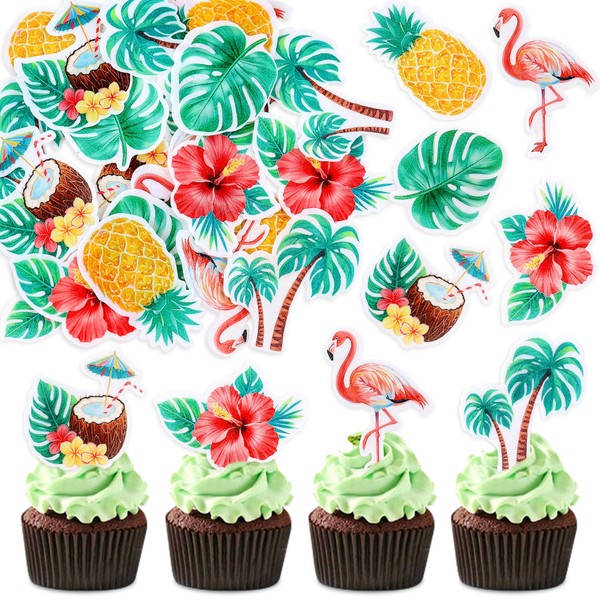 Cyodoos 42Pcs Edible Tropical Cupcake Toppers Wafer Paper Hawaiian Luau