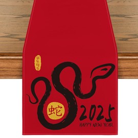 Artoid Mode Chinese Zodiac Snake Happy 2025 Chinese New Year Table Runner, Spring Festival Kitchen Dining Table Decoration for Home Party 13x72 Inch