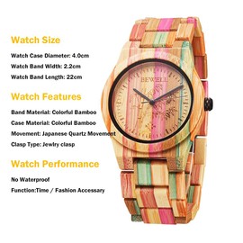 BEWELL Wooden Watches Handmade Natural Colorful Bamboo Wooden Watch Analog Quartz Wrist Watch Orange