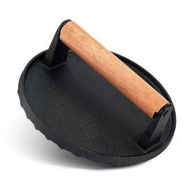 Joyfair 7 inch Burger Grill Press, Cast Iron Smash Grilling Press for Patty Bacon Steak Sausage, Heavyweight Teppanyaki Fflat Top Griddle Barbecue Accessories, Extra Thick Iron & Wooden Handle (Round)