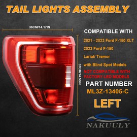 Nakuuly Tail Light with Blind Spot Compatible With 2021 2022 2023 Ford F150 Left Driver Side Taillight Rear Brake Lamp Halogen Type Without Bulb # ‎ML3Z13405C (Module NOT Included)