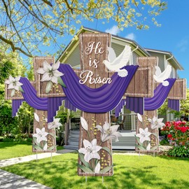Baquler 3 Pcs 31.4 Inch He Is Risen Easter Yard Decorations Outdoor Stakes Religious Cross Decor with Lily & Dove, Waterproof Outdoor Lawn Sign for Spring Porch Garden Decor
