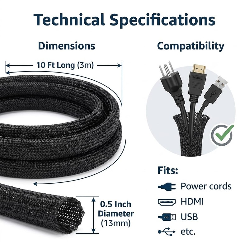 Cable Management Sleeve 10ft, Cat & Dog Chew Resistant Cord