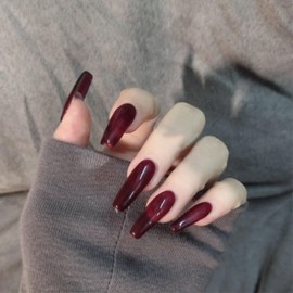 Generic Burgundy Red Nail Cherry Red Nail Solid Color Wine Red Nail Short Ballet Elegant Retro Shining Acrylic Nail Fake Nail Kit Salon Grade Reusable Nail Tip 24