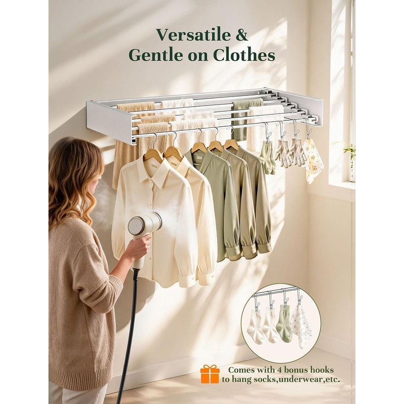 32'' Wall Mounted Clothes Drying Rack, Foldable & Collapsible Wall