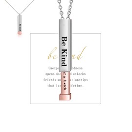 Be Kind of A B Necklace-Hidden Message Necklaces for Women 3D Engraving Vertical Bar Necklace Stainless Steel Encouragement Mantra Pendant Necklace Funny Inspirational Friendship Jewelry (Silver+Rose gold)