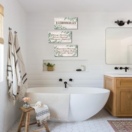 Visual Art Decor Bathroom Rules Decor Sign Rustic Farmhouse Style Word Art Eucalyptus Prints Bathroom Wall Art 6x12 Inch, set of 3Pieces (Green)