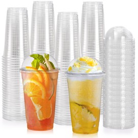 Okllen 100 Pack 24 Oz Plastic Cups with Dome Lid and Hole, Clear Drinking Cups Milkshake Cups, Disposable Party Cups Parfait Cups Slush Cups for To Go Iced Cold Coffee, Juice, Smoothie, No Straw