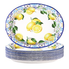 Grencian 50 Pcs Capri Lemon Oval Paper Plates 10"x12" Large Blue Tiles Yellow Lemon Plates Disposable 400 GSM Heavy Duty Capri Lemon Party Supplies for Summer Citrus Fruit Lemon Birthday Party Decor