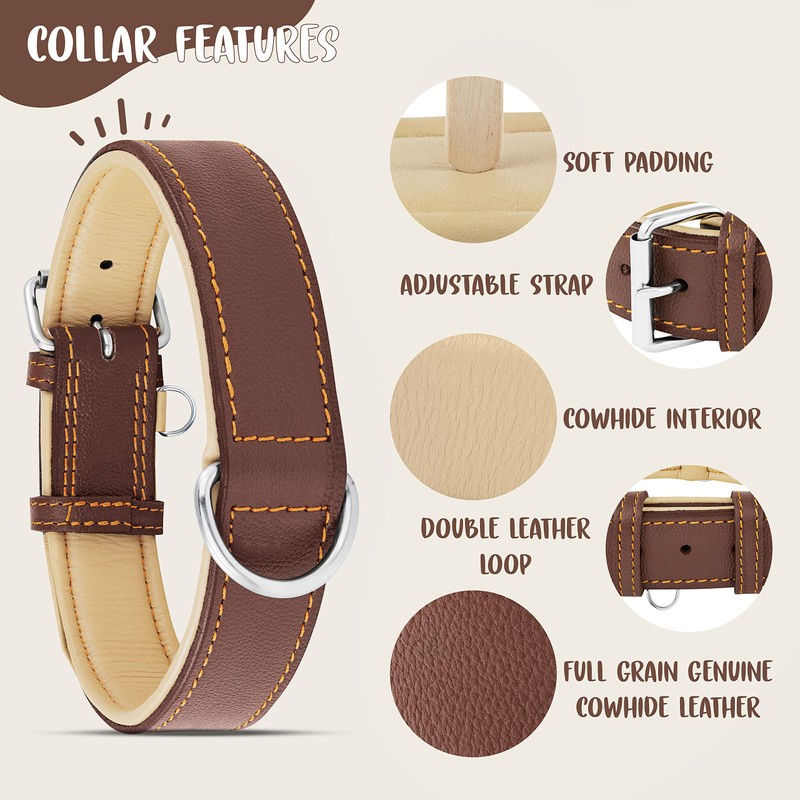 Riparo Brown Leather Dog Collar - Heavy Duty Wide Dog