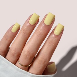 BTArtbox False Nails Press Ons - Pastel Yellow Square Stick On Nails for Women, 32 Pcs Opaque Soft Gel Fake Nails with Glue in 16 Sizes, Lemon Sprint