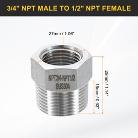 sourcing map 2pcs 304 Stainless Steel Reducer Bushing 3/4" NPT Male x 1/2" NPT Female Hex Bushings Pipe Fittings Reducing Cast Pipe Adapter for Air Water Oil Gas Tube