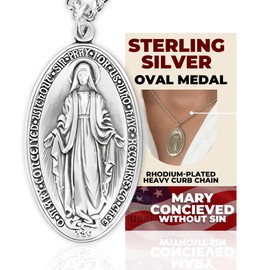 Heartland Men's Sterling Silver Oval Miraculous Medal- Made in USA, Tarnish Resistance, Meaningful Necklace, Ideal Present for Holidays & Special Occasions- 24" Sterling Silver Chain with Clasp