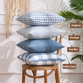 CARRIE HOME Light Blue Pillow Covers Farmhouse Plaid Throw Pillows 18x18 Set of 4 Spring Summer Blue Decorative Pillow Neutral Decor for Couch Sofa and Porch Chair, Gray Blue