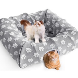 TIKIWIK 110" Long Cat Tunnel Bed for Indoor Cats with 4 Hanging Toys Balls Cat Peekaboo Cave Donut with Claw Print Fluffy Thick Cushion (Grey White)