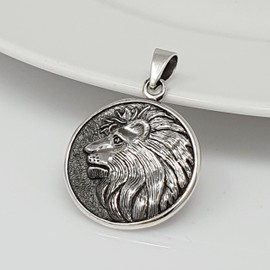 Treasure Bay Men’s & Women’s Silver Lion Pendant – 925 Sterling Silver Round Medallion Necklace – African Wild Lion Amulet Jewellery