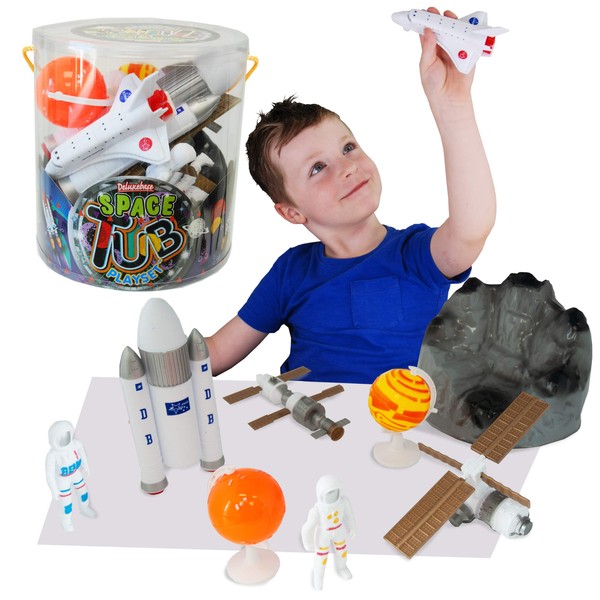 Tub Playset - Space from Deluxebase. Space Toy Set for Kids. Imagination toys including Astronauts, Planets, Toy Rocket, Space Shuttle, Satellite and a space moon rock