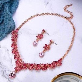 BriLove Wedding Bridal Jewelery Set Pink Rhinestone Crystal Beaded Cluster Statement Necklace Dangle Earrings for Women Gold-Toned