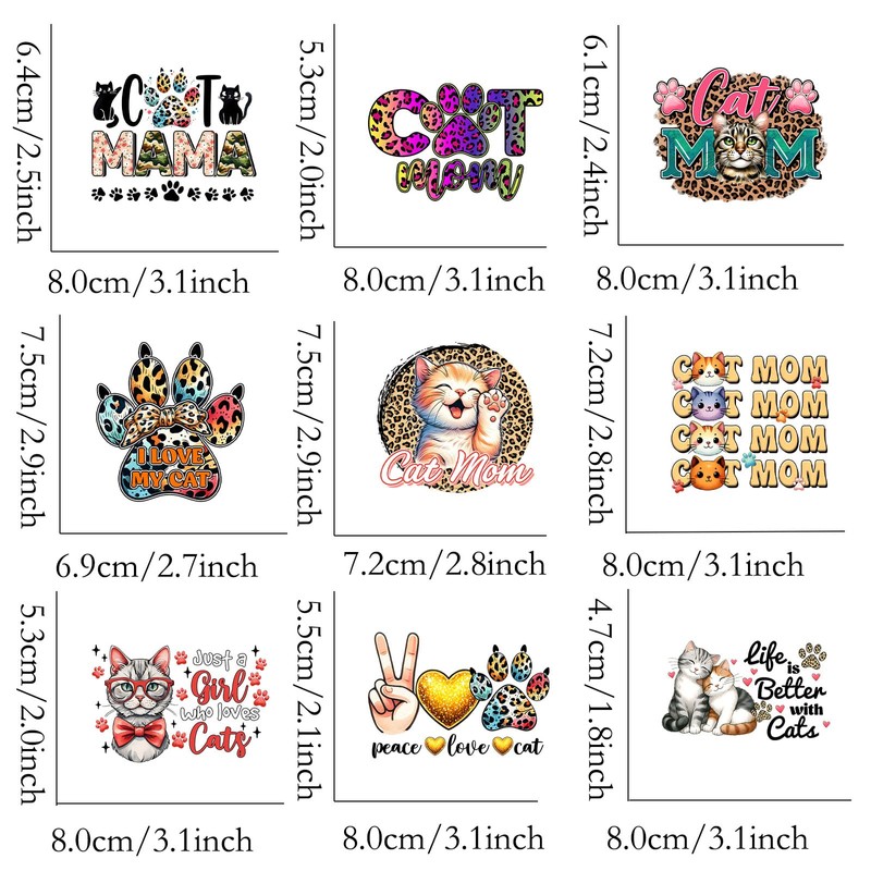 9pcs Cat Mom Iron On Decals Thermal Transfer Stickers for