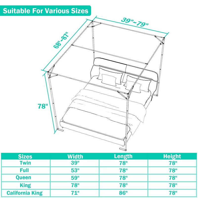NKM Stainless Steel Adjustable Canopy Bed Frame, Suitable for Twin,Full,Queen