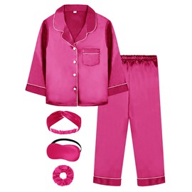 EPLAZA Kids Satin Pajamas Sets Girls Boys Button-Down Silky Pajamas Sleepwear with Hairband Eye Mask Hair Tie, Rose, 7-8 Years
