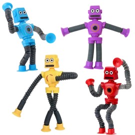 SALUDABLE Robot Toy Suction Cup Pop Tube Telescopic Funny Light Up Toy Set of 4 Colors