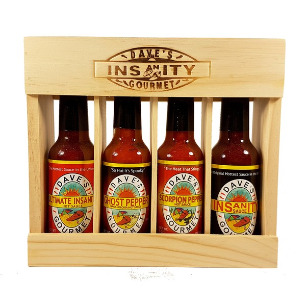 Dave's Gourmet Insanity Super Hot Sauce Wooden Crate Gift set 4 pk/5 oz.