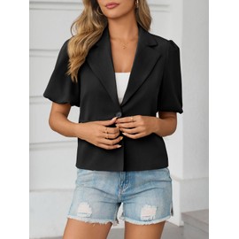 Cicy Bell Womens Puff Short Sleeve Blazers Business Casual Button Down Lightweight Suit Jackets Black