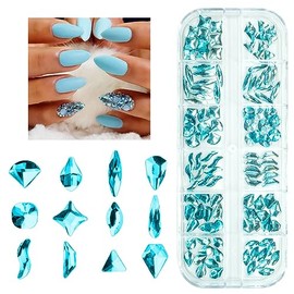 120Pcs Aquamarine Nail Rhinestones Lake Blue 12 Shapes Big Gems Flatback Rhinestones Glass Water Blue Stones Nail Art Diamonds Crystals Jewels Nail Charms for Arylic Nails Face Eyes Makeup DIY Crafts