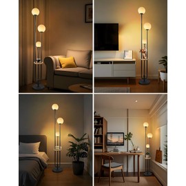 ACOHOOK 63IN Black Floor Lamp with Shelf Mid Century Modern Tall Standing Lamps with 3000K Warm White Bulb Included Dimmable Globe Floor Lamp with 5Lbs Heavy Base for Living Room/Bedroom/Home Decor