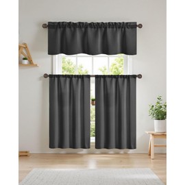 Easy Home 3 Piece Solid Color Blackout Window Curtain Set with Tiers and Valance Rod Pocket Thermal Privacy Curtain Tiers for Kitchen, Living Room, Bathroom Shades, W27 x L36 Inch,Black