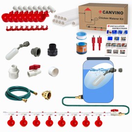 CANVINO Automatic Chicken Waterer System (45 Accessories Included), Complete PVC Pipelines Set with Chicken Water Cups, Float Valve and Garden Hose, DIY Chicken Watering System (No Bucket Included)