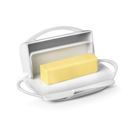 Butterie Flip-Top Butter Dish with Lid & Matching Knife, Holds 2 Sticks/European Butter, No-Mess Butter Holder, Shatterproof, Dishwasher Safe, White