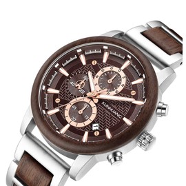 XIRUVE Wooden Watch for Men Quartz Waterproof Calendar Chronograph, Walnut, Bracelet
