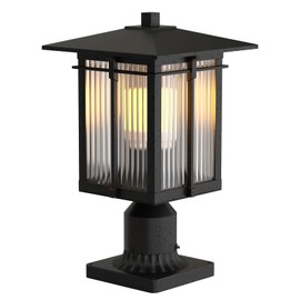 Yoenecea Modern Outdoor Post Light, Aluminum Lamp Post Light Fixture with Ribbed Glass, Soptted Black Outside Pole Lighting with 3-Inch Pier Mount Base for Yard Porch Pathway (14.2''H, 1 pc)