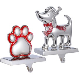Christmas Dog Stocking Holders for Mantet Set of 2, Silver Dog Paw Stocking Hangers for Fireplace, Metal Stocking Holder for Christmas Fireplace Mantel Stocking Hooks for Christmas Decorations