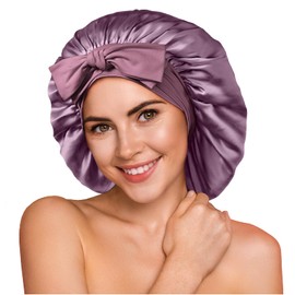 YFONG 100% 22 Momme Mulberry Silk Bonnet for Sleeping Women, Larger Double Layer Silk Hair Wrap for Curly Short Long Hair, Non-Slip Sleep Cap Turban with Elastic Tie Band for Hair Care, Purple
