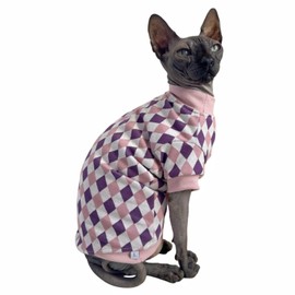 Vintage Mulan Cotton Sphynx Hairless Cats Shirt Cat Turtleneck Pet Clothes Kitten T-Shirts with Sleeves for Sphynx Cornish Rex, Devon Rex, Peterbald (Rhombus Pink, Small)