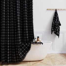 BTTN Boho Farmhouse Shower Curtain, Linen Heavy Duty Fabric Shower Curtain Set with Tassel, Water Repellent, Bohemian Vintage Country Polyester Shower Curtains for Bathroom, Black and White, 72x72