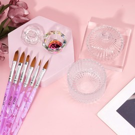 Acrylic Nail Brush Dappen Dish Set - 6Pcs Acrylic Nail Brush and 2Pcs Crystal Dappen Dish with Lid for Acrylics Nails, Monomer Dishs Nail Glass Cup Nail Art Brushs Set for Acrylics Nails Liquid Powder